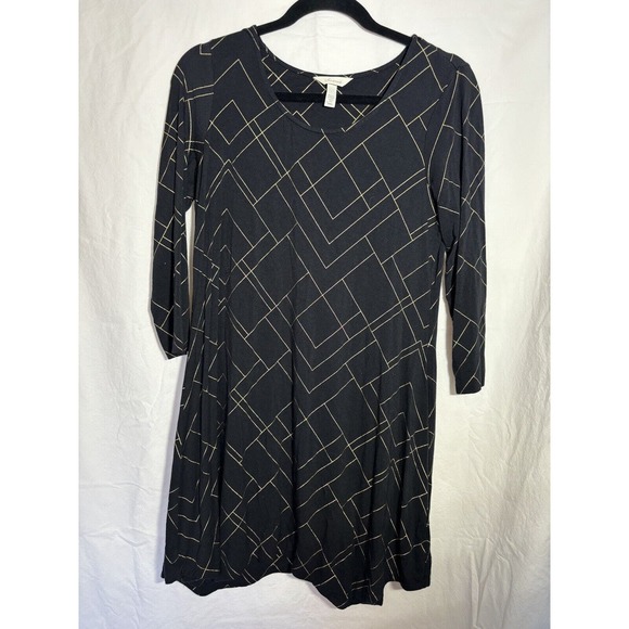 Soma Medium Swing Dress Black Mini Metallic Gold 3/4 Sleeve Loungewear Small O19 - Picture 1 of 4
